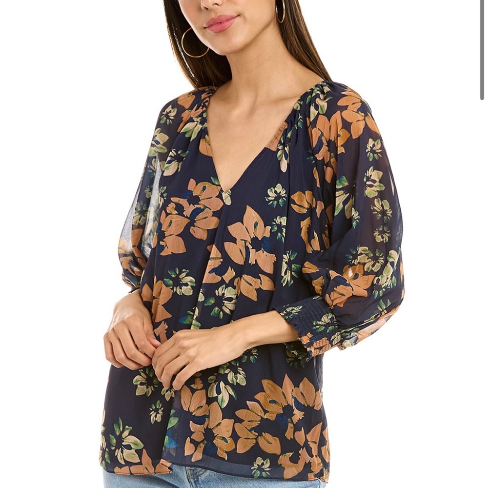 New. Randy Top. navy with V-neck, sheer 3/4-length sleeves, and smocked cuffs